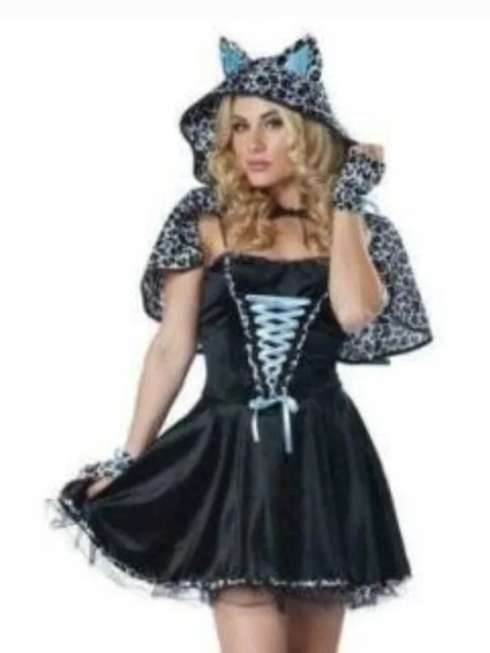 Snow Leopard Halloween Costume 8/10 Sexy Black Dress, Cape 4 Pc Party Womens